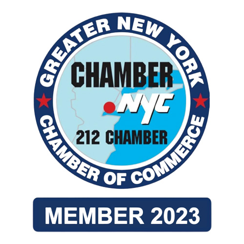 A blue circle with the words " greater new york chamber of commerce 2 1 2 chamber " in it.