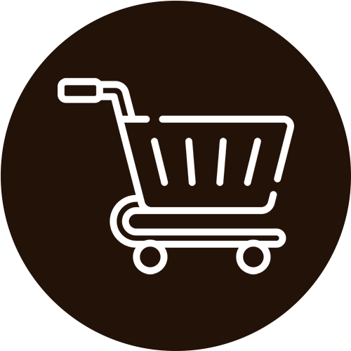 A black and white icon of a shopping cart.